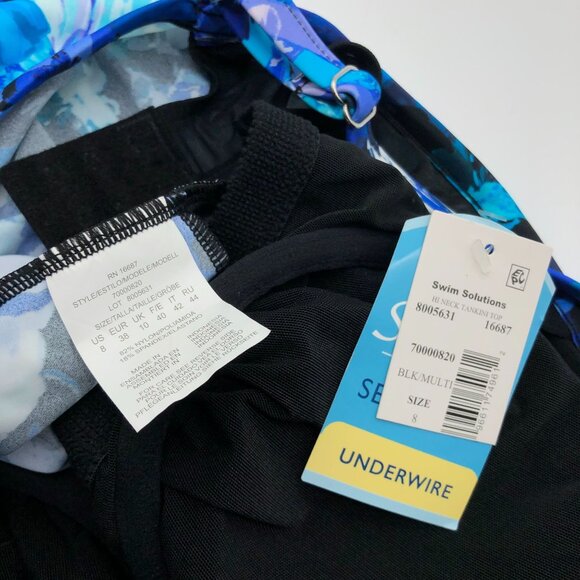Swim Solutions Womens Floral High Neck Tankini Swim Top Blue Black Size 8 - Picture 5 of 6